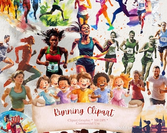 May include: A digital clipart set of 300+ watercolor illustrations of people running. The clipart includes both colored and black and white images of runners in various poses. The images are perfect for creating digital designs, scrapbooking, and other creative projects.