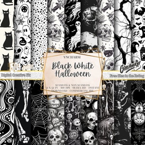 70+ Black White Halloween Pattern, Seamless & non-seamless, 300 DPI, Instant Download, happy halloween, trick or treat, skeleton,