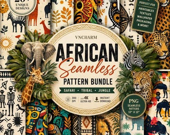 30 African Seamless Pattern Bundle, Safari Digital Paper, Jungle Nature Patterns, Tribal Textile Print, 4K Printable Backgrounds