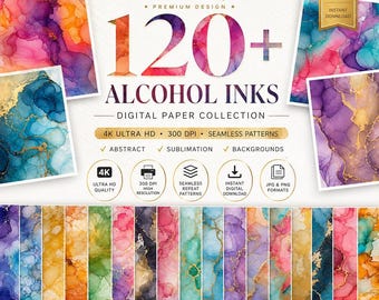 120+ Alcohol Ink Digital Paper, Seamless Patterns 4K, Abstract Ink Backgrounds PNG, Sublimation Texture, Printable 300 DPI, Commercial Use