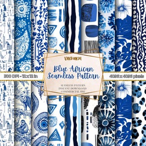 39 Seamless Blue African-Inspired Patterns | 12x12&quot; 300 Dpi Instant Download Commercial Use African Tribal Print Sublimation Ankara
