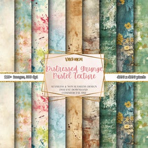 Może przedstawiać: Zestaw 110 cyfrowych tekstur papieru w pastelowych kolorach z efektami grunge. Tekstury są bezszwowe i niespójne, a ich rozmiar to 4096 x 4096 pikseli. Papiery idealnie nadają się do scrapbookingu, tworzenia kartek i innych projektów rękodzielniczych.