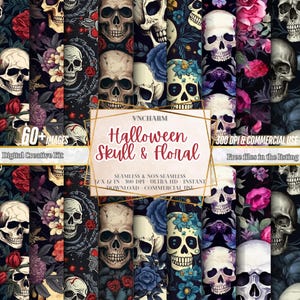 60+ Seamless Skull Pattern Seamless Digital Paper Print, Halloween Seamless Pattern Repeat Sublimation Design Wallpaper 300 DPI Seamless PNG