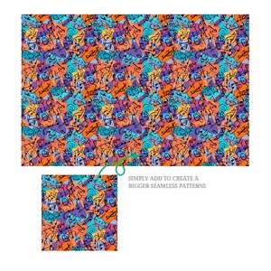 May include: A seamless pattern featuring a colorful abstract design with musical notes and symbols. The pattern is made up of various shapes and colors, including orange, blue, purple, and yellow. The pattern is repeated throughout the image, creating a visually appealing and dynamic design.