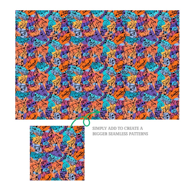May include: A seamless pattern featuring a colorful abstract design with musical notes and symbols. The pattern is made up of various shapes and colors, including orange, blue, purple, and yellow. The pattern is repeated throughout the image, creating a visually appealing and dynamic design.