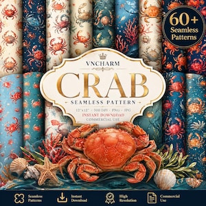 May include: A digital art collection featuring various seamless crab patterns in shades of blue, red, and cream. The image includes a large crab illustration and the text "CRAB SEAMLESS PATTERN" with details about the digital download.