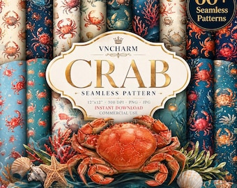 60+ Crab Seamless Pattern Bundle, Coastal Ocean Digital Paper, 4K PNG Seamless Background, Beach Scrapbook Paper, Instant Download
