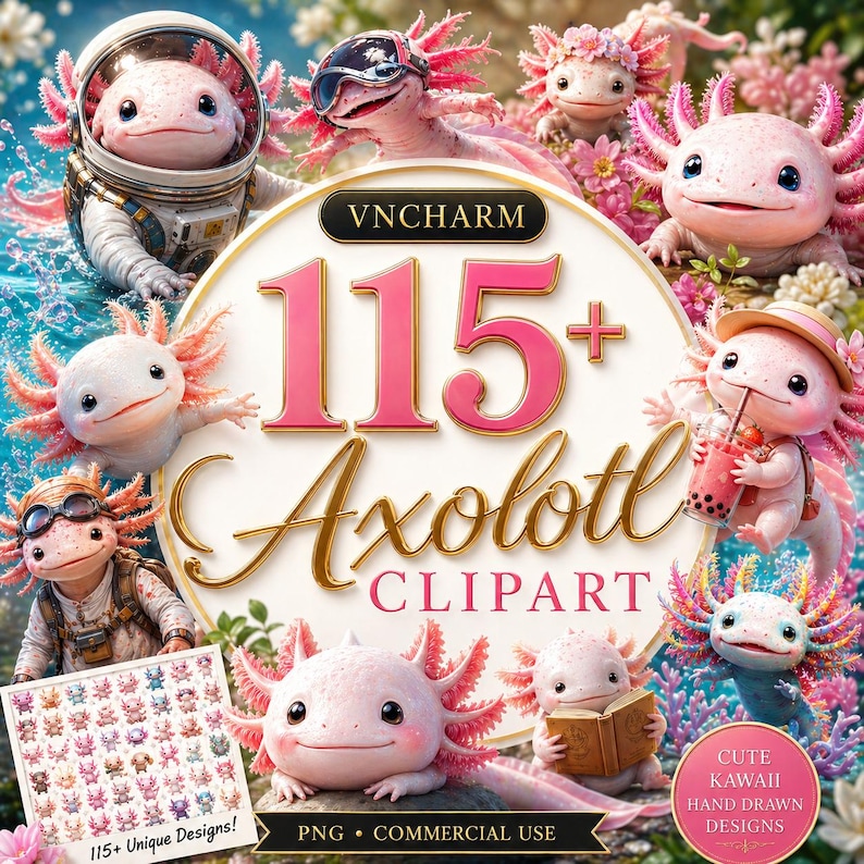 May include: A digital art collection featuring over 115 axolotl clip art designs. The image showcases various axolotls in different settings, including an astronaut, with goggles, and holding a drink. The text reads "115+ Axolotl Clipart."