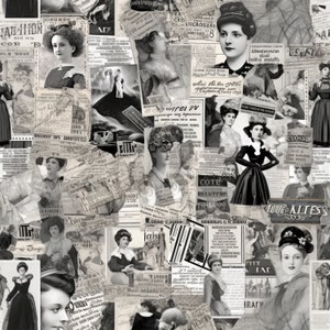 May include: A black and white collage of vintage images featuring women in various poses and clothing styles. The images are arranged in a random pattern and include text from old newspapers and magazines.