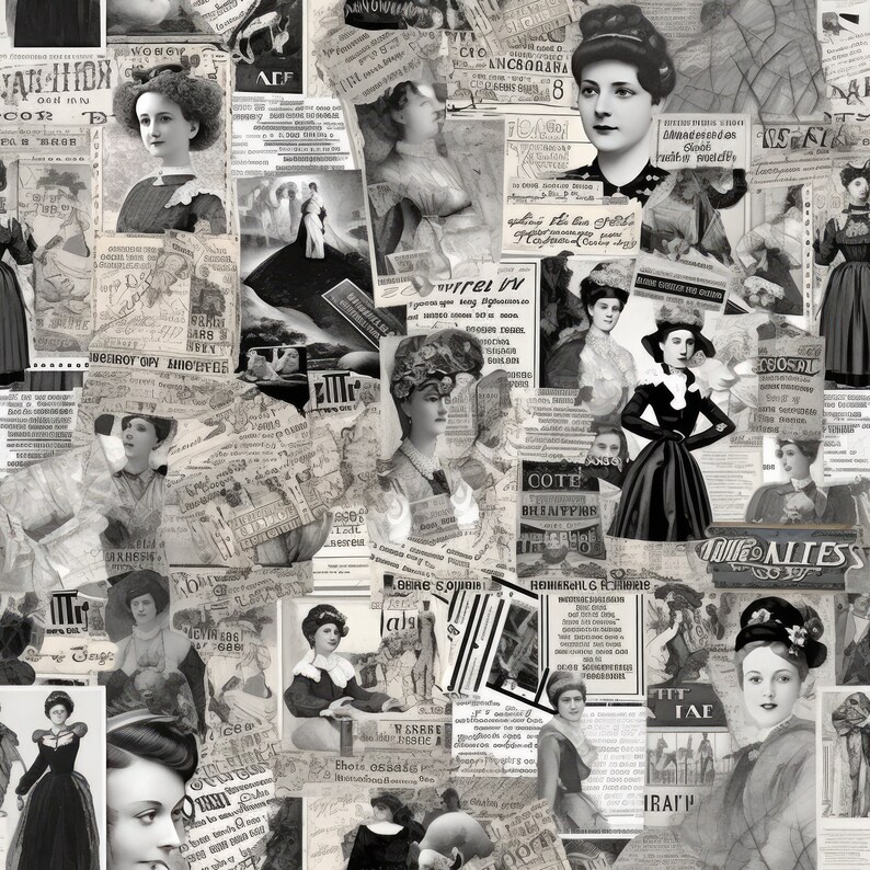 May include: A black and white collage of vintage images featuring women in various poses and clothing styles. The images are arranged in a random pattern and include text from old newspapers and magazines.