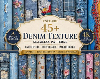 Meer dan 45 denimtextuurpatronen, naadloos digitaal papier met blauwe jeansprint, stoffen achtergrond PNG, 12x12 voor commercieel gebruik.