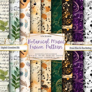 60+ Seamless Botanical Music Notes Digital Paper, Music Seamless, Sublimation Digital Paper, Music Seamless Pattern, Backgrounds, Wallpaper