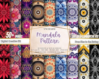 Papel digital con 55 patrones sin costuras de mandala, batik sin costuras, fractales artísticos para uso comercial, papel digital zen, papel para álbumes de recortes