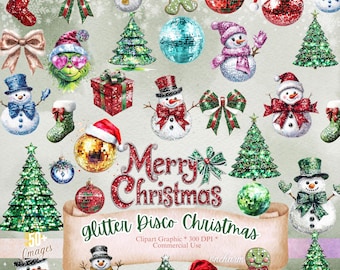 Disco Christmas Clipart Bundle, 50 Glitter Holiday PNGs for Sublimation