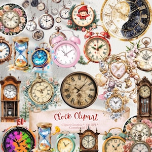 Plus de 150 cliparts d'horloge | Horloge visage Clipart horloge analogique png téléchargement numérique horloge vintage PNG Clipart, horloge du nouvel an, horloge rétro, floral