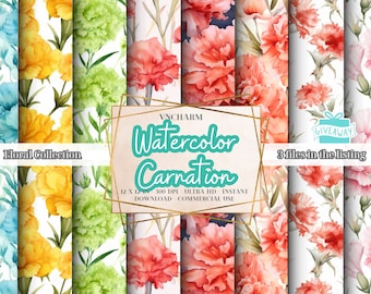 160+ Watercolor Carnation  Seamless Pattern - Digital Papers 12x12" 300 Dpi Instant Download Commercial Use - Seamless Background