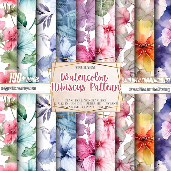 Watercolor Hibiscus Pattern, Tropical Floral Digital Paper (Digital Download)