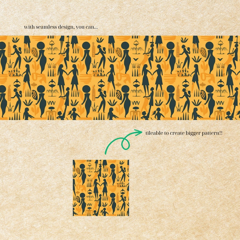 May include: A seamless pattern featuring a repeating design of stylized figures in black silhouettes on a yellow background. The figures are of women in various poses, some holding objects, and are surrounded by stylized plants and geometric shapes.