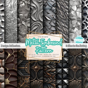 Puede incluir: Un conjunto de 3 patrones de papel digital con texturas de metal en relieve en plata, gris y marrón. Los patrones miden 30,5 cm por 30,5 cm y 300 DPI. El texto "Metal Embossed Pattern" está en el centro de la imagen.