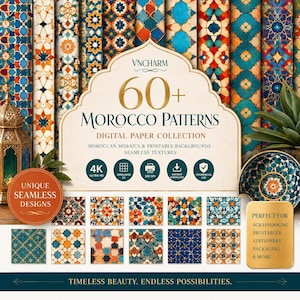 Könnte beinhalten: Eine digitale Sammlung von "Marokko-Mustern" mit über 60 marokkanischen Mosaikdesigns. Das Bild zeigt verschiedene nahtlose Texturen in Blau, Orange und Türkis, ideal für Scrapbooking, Druckvorlagen und Verpackungen. Sofortiger Download.