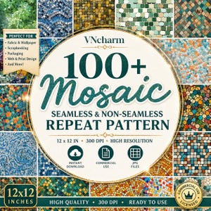 May include: A digital art collection featuring over 100 mosaic patterns. The image showcases various colorful mosaic designs, with a central circular graphic that reads "100+ Mosaic, Seamless & Non-Seamless Repeat Pattern". The patterns are 12 x 12 inches and high resolution.
