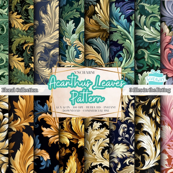 140+ Acanthus Leaves Seamless Pattern (4K, Ultra HD, 4096 x 4096 Px) - Free 3 Files 12x12" 300 Dpi Instant Download Commercial Use