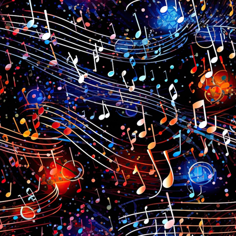 May include: Abstract digital art featuring a colorful pattern of musical notes and lines on a black background. The notes are in various shades of blue, red, orange, and yellow. The lines are white and create a sense of movement and rhythm.
