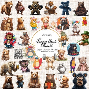 Bear Clipart: 150+ Funny Bear Clipart Bundle, High-Quality PNG, instant download, cute, polar bear clipart, teddy bear, artic bear, gym bear