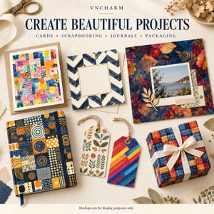 May include: A collection of craft supplies including a notebook with geometric patterns, two gift tags with floral and striped designs, a gift box with a white ribbon, and three cards featuring watercolour, chevron, and floral prints with the text VNCHARM.