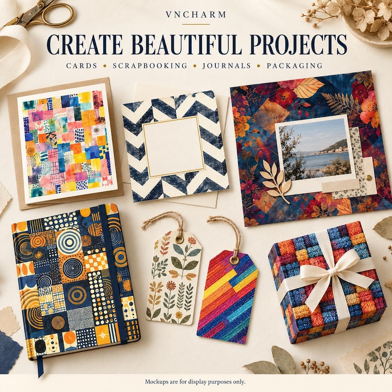 May include: A collection of craft supplies including a notebook with geometric patterns, two gift tags with floral and striped designs, a gift box with a white ribbon, and three cards featuring watercolour, chevron, and floral prints with the text VNCHARM.