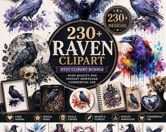 Paquete de más de 230 imágenes prediseñadas de cuervos, paquete de gráficos PNG de cuervos góticos, arte de cuervos oscuros para sublimación, pegatinas, manualidades de Halloween y góticas.