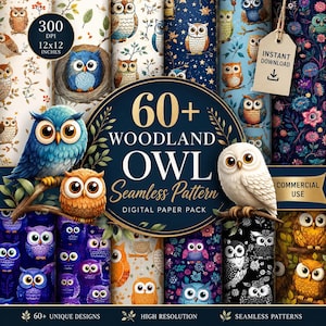 Zestaw 60+ wzorów bez szwu z leśną sową, cyfrowy papier z sową 12x12 PNG, uroczy nadruk z leśnym zwierzęciem, do użytku komercyjnego w rozdzielczości 4K