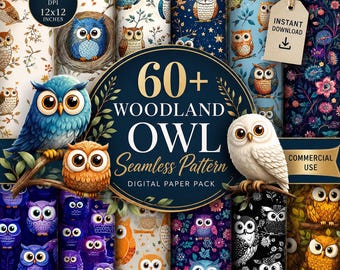 60+ Woodland Owl Seamless Pattern Bundle, Owl Digital Paper Pack 12x12 PNG, Cute Forest Animal Print, 4K Commercial Use