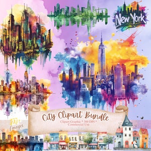 Clipart di città: oltre 270 clipart di città, clipart di skyline, clipart di edifici cittadini, clipart di skyline di New York, clipart di paesaggi ad acquerello
