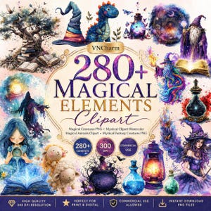 Paquete de más de 280 imágenes prediseñadas de elementos mágicos en formato PNG/acuarela: criaturas fantásticas, pociones, cristales, gráficos místicos de brujas y técnicas mixtas.