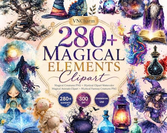 280+ Magical Elements Clipart Bundle PNG | Watercolor Fantasy Creatures, Potions, Crystals, Witchy Mystical Graphics Mixed Media