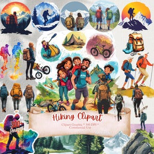 310+ wandel-clipart: wandel-clipartbundel, outdoor-avontuurafbeeldingen, pad, kamp, uitzicht op de bergen, dieren in het wild, buitenshuis, rugzak-clipart