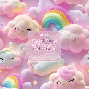 May include: A seamless pattern featuring 3D plush kawaii clouds with rainbows and glitter. The clouds have happy faces and are pink, white, and blue. The text "Uncharn 3d plush Kawaii rainbows clouds plushes glitter Repeat pattern Instant Download Commercial Use 12x12 in" is in the center of the image.