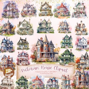 240+ akwarelowych wiktoriańskich domów, clipartów rezydencji, clipartów architektonicznych, wydruków-starych domów, clipartów drzwi i domów, shabby chic
