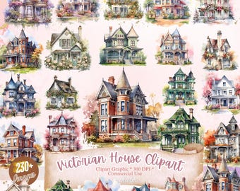 240+ aquarel Victoriaans huis clipart, herenhuizen clipart, architectuur clipart, prenten-oude huizen, deuren en huizen clipart, shabby chic