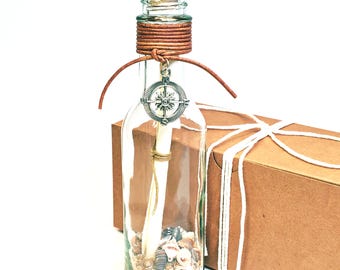 Personalized Message Bottle with Seashells, Sand, Leather Trim, Charm, Gift Box