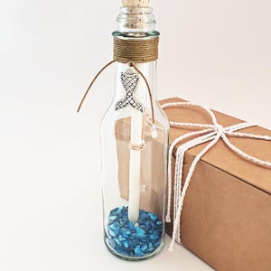 Blue Seashells Personalized Message in a Bottle | Big Mermaid Tail Charm | Write Anything You Want | Blue Dyed Crushed Shells