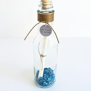 Blue Seashells Personalized Message in a Bottle | The Ocean Is Calling Medallion Charm | Write Anything You Want | Blue Dyed Crushed Shells