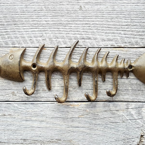 Fish Bone Key Hook, Rustic Brown Cast Iron, Fish Skeleton Key Rack, Ready to Paint, Key Organizer, Jewelry Hooks, Nautical Lake House Decor