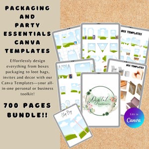 Modelos de embalagem Mega Bundle Canva com 700 páginas | Caixas de presente personalizadas, sacolas de brindes, caixas de lembrancinhas, etiquetas | Kit de embalagem empresarial | MMR PLR