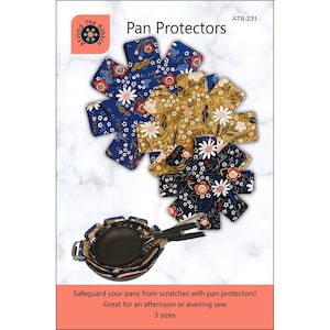 May include: Three star-shaped fabric pan protectors in blue, mustard yellow, and black with floral patterns. The packaging displays the text Around the Bobbin, Pan Protectors, ATB-231, and Safeguard your pans from scratches with pan protectors!