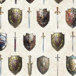 May include: A repeating pattern of medieval shields and swords. The shields feature heraldic designs with gold, red, and silver accents. The swords have silver blades and ornate gold hilts, creating a historical theme.