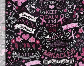 Breast Cancer Ribbons & Words-Black Chalkboard-Timeless Treasures-BTY