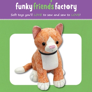 May include: An orange and white plush cat toy with a black collar. The toy is 12 inches tall and is labeled "Socks the SITTING CAT". The image also includes the text "funky friends factory" and "Soft toys you'll LOVE to sew and sew to LOVE!"