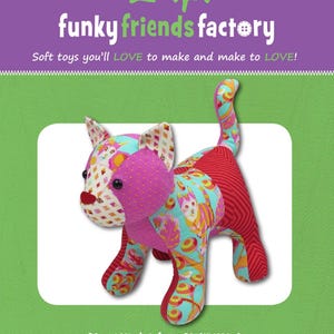 May include: A patchwork cat soft toy, approximately 14 inches in length, with a variety of colorful patterned fabrics. The cat has a pink head, red body, and patterned ears and paws. The image includes the text "funky friends factory".